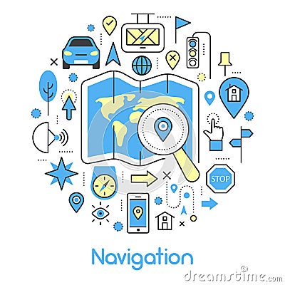 Navigation Cartography Thin Line Icons Set with Map and GPS Vector Illustration