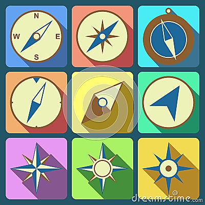 Navigation compass flat icons set Vector Illustration