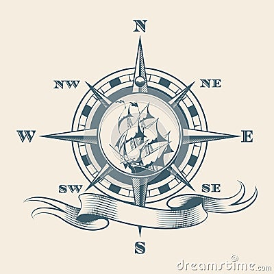 Navigation Compass with Sale Ship inside. Wind Rose Travel Ocean Expedition Symbol Tattoo Cartoon Illustration