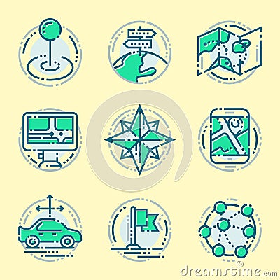 Navigation direction maps sign traffic and more thin line icons set vector illustration Vector Illustration