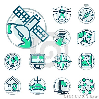 Navigation direction maps sign traffic and more thin line icons set vector illustration Vector Illustration