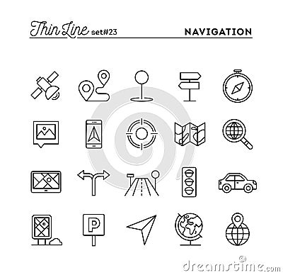 Navigation, direction, maps, traffic and more, thin line icons s Vector Illustration