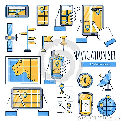 Navigation Flat Color Icons Set Vector Illustration