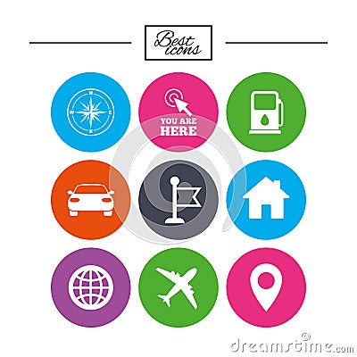 Navigation, gps icons. Windrose, compass signs. Vector Illustration