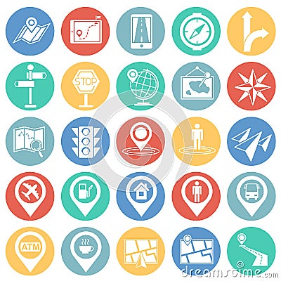 Navigation icon set on colro circles white background for graphic and web design, Modern simple vector sign. Internet concept. Vector Illustration