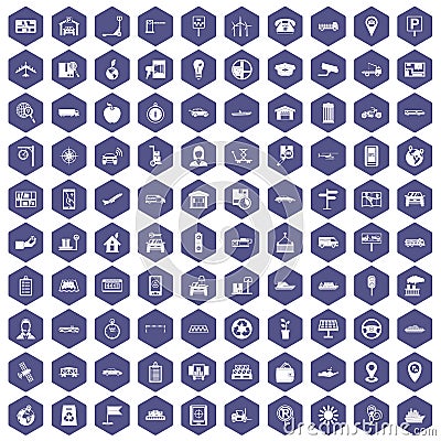 100 navigation icons hexagon purple Vector Illustration