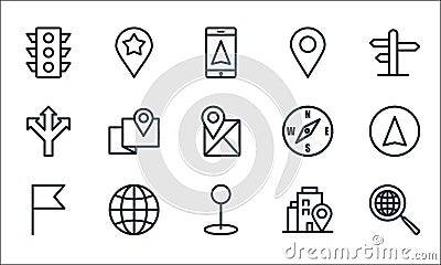 Navigation line icons. linear set. quality vector line set such as comunications, pin, flag, adress, worldwide, direction, compass Vector Illustration
