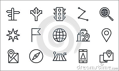 Navigation line icons. linear set. quality vector line set such as map point, travel, location, gps phone, compass, compass, Vector Illustration