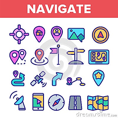 Navigation Linear Vector Thin Icons Set Symbol Vector Illustration