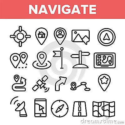 Navigation Linear Vector Thin Icons Set Symbol Vector Illustration