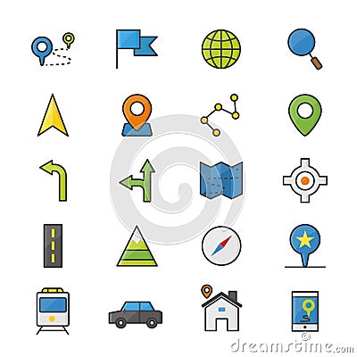 Navigation and location Color Icons Set Of Vector Illustration Style Colorful Flat Icon Vector Illustration