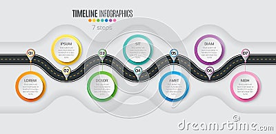 Navigation map infographic 7 steps timeline concept. Winding roa Vector Illustration