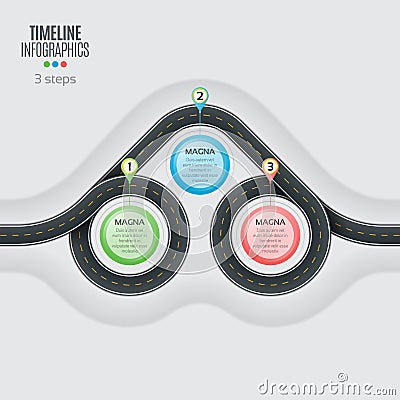 Navigation map infographic 3 steps timeline concept. Winding roa Vector Illustration