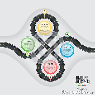 Navigation map infographic 4 steps timeline concept. Winding roa Vector Illustration