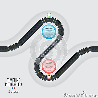 Navigation map infographic 2 steps timeline concept. Winding roa Vector Illustration