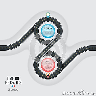 Navigation map infographic 2 steps timeline concept. Winding roa Vector Illustration
