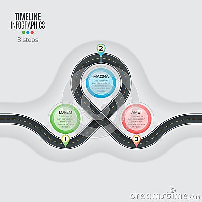 Navigation map infographic 3 steps timeline concept. Winding roa Vector Illustration