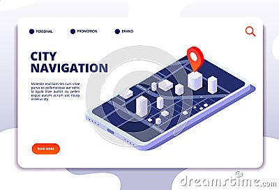 Navigation map isometric concept. Gps location system. Phone tracker with global positioning. Vector landing page Vector Illustration