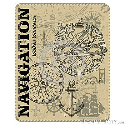 Navigation maritime vector design. Nautical design. Navy illustration. Ocean wallpaper. Sailboat, anchor, steering wheel Vector Illustration