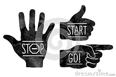 Navigation signs. Black hands silhouettes - pointing finger, stop hand and thumb up Stock Photo