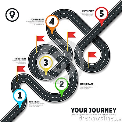 Navigation winding road vector way map infographic Vector Illustration