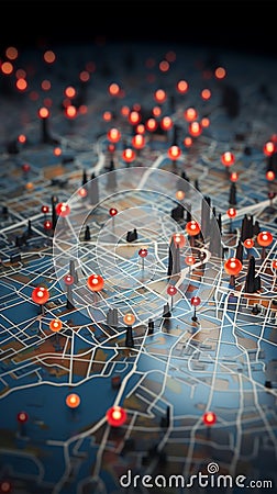 Navigational tableau City map adorned with red pins, marking routes Stock Photo