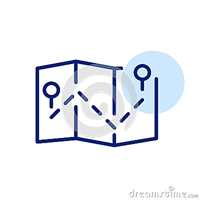 Navigator showing path between two pinpoints on a folded map. Pixel perfect, editable stroke line icon Vector Illustration