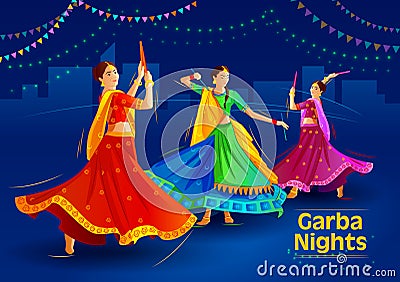 Girls in colourful dresses playing dandiya on Navaratri i.e festival of India. Garba on garba disco nights. Vector Illustration