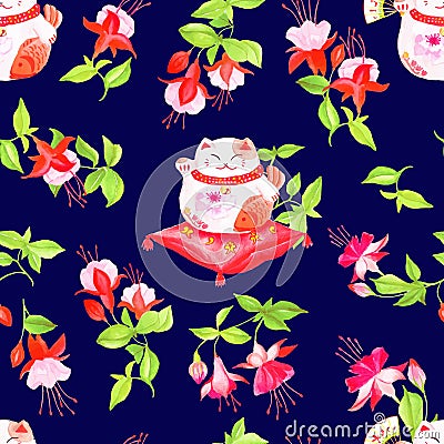Navy background with chinese fuchsia and lucky cats sitting on t Vector Illustration