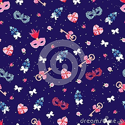 Navy blue eamless vector pattern with venetian masks, keys, bows, pink diamond hearts, flower Vector Illustration