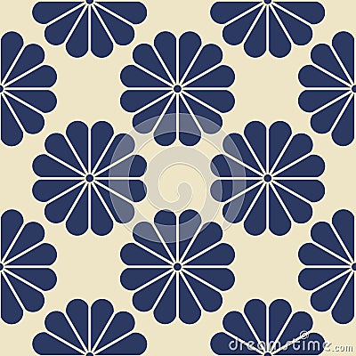 Navy Blue Geometric Flower Seamless Pattern on Neutral White background. Stock Photo