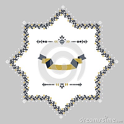 Navy blue and golden spring floral border blank star emblem Vector Illustration