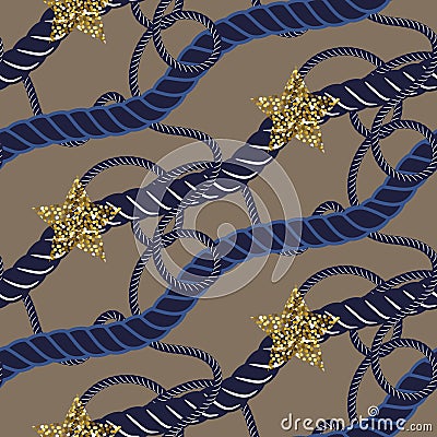 Navy blue marine rope knot seamless pattern with gold star. Vector Illustration