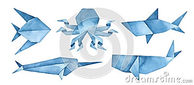 Navy blue origami collection of undersea animals: whale, shark, octopus, abstract fish and narwhal. Stock Photo