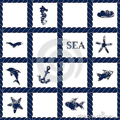 Navy blue rope lattice on white geometric seamless pattern with grunge sea symbols - fishes, dolphin, anchor, starfish, vector Vector Illustration