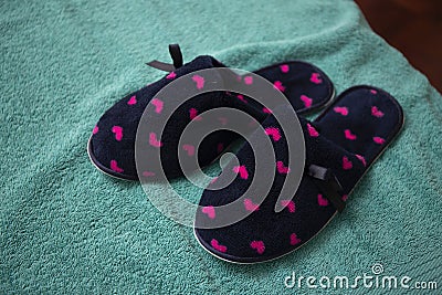 Pink and navy blue heart slippers Stock Photo