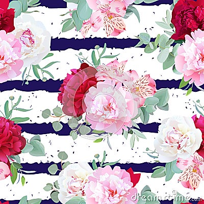 Navy blue striped floral seamless vector print with peony, alstroemeria lily, mint eucaliptus on white. Vector Illustration