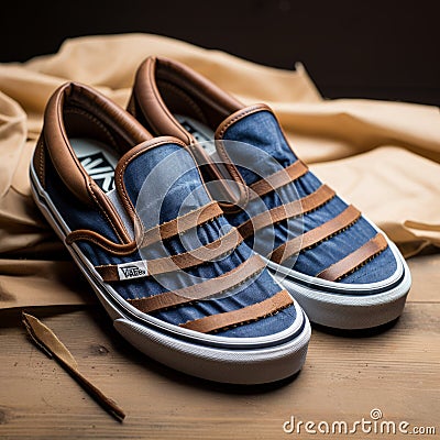 Navy Blue Striped Vans Slip On Sneakers - Leather Stripes - Indigo Stock Photo