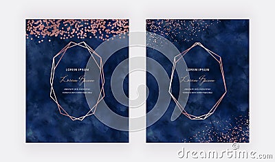 Navy blue watercolor background with rose gold confetti and geometric polygonal lines frames. Modern vector design for wedding inv Vector Illustration