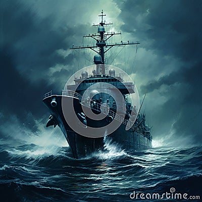 Navy Destroyer in high seas on the ocean at night with a full moon Stock Photo