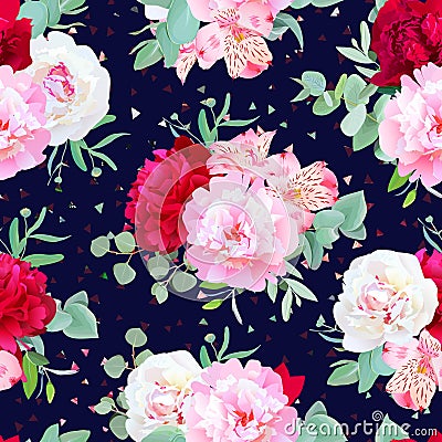 Navy floral seamless vector print with burgundy red and pink peony, alstroemeria lily, mint eucalyptus Vector Illustration