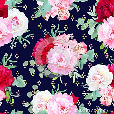 Navy floral seamless vector print with burgundy red and pink peony, alstroemeria lily, mint eucalyptus. Vector Illustration