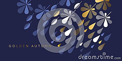 Navy and gold fall leaves and rain drops Vector Illustration