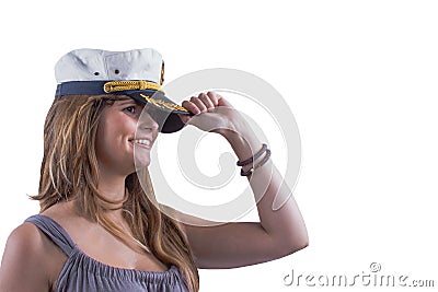 Navy headgear. Attractive brave girl with dimples and marine cap Stock Photo