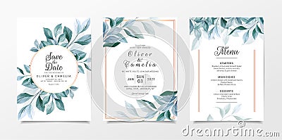 Navy leaves wedding invitation card template set with menu. Botanic illustration for background, save the date, invitation, Vector Illustration