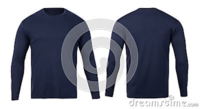 Navy long sleeve t-shirt front and back view mock-up isolated on white background with clipping path. Stock Photo