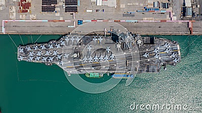 Navy Nuclear Aircraft carrier, Military navy ship carrier full loading fighter jet aircraft, Aerial view Stock Photo