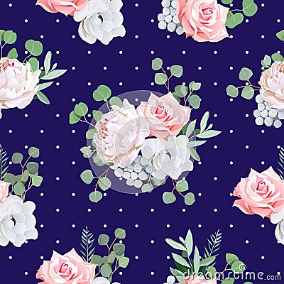 Navy pattern with bouquets of rose, peony, anemone, brunia flowers and eucaliptis leaves Vector Illustration