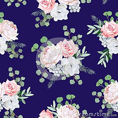 Navy pattern with bouquets of rose, peony, anemone, brunia flowers and eucalyptus leaves Vector Illustration