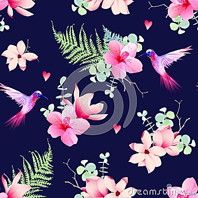 Navy pattern with tropical flowers and flying hummingbirds Vector Illustration